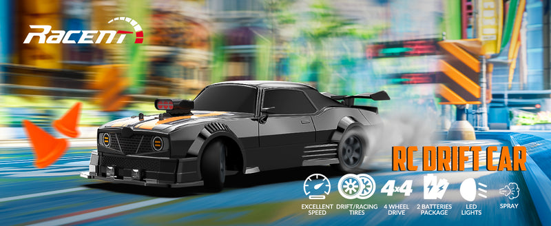 Auto da drift RC RACENT in scala 1:16, auto telecomandata 2.4Ghz 4WD 18KM/H con nebbia spray, 2 batterie