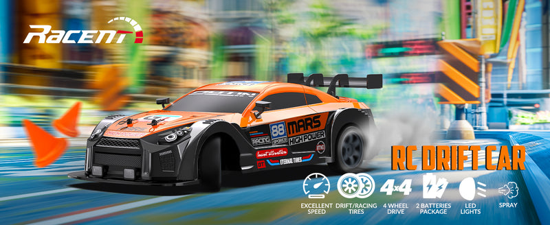 RACENT 1:16 RC Drift Car 4WD 18KM/H, 2 batterie, modello sportivo veicolo giocattolo per bambini, ragazzi, adulti