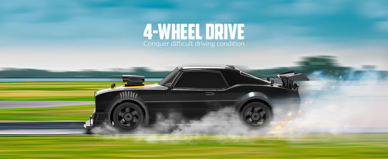 Auto da drift RC RACENT in scala 1:16, auto telecomandata 2.4Ghz 4WD 18KM/H con nebbia spray, 2 batterie