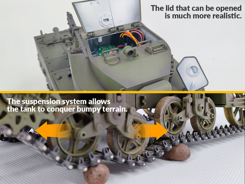 RACENT 1:16 RC Tank US M5A1 Stuart, avec fumée, levage du canon, rotation de la tourelle à 360 degrés, sans tir