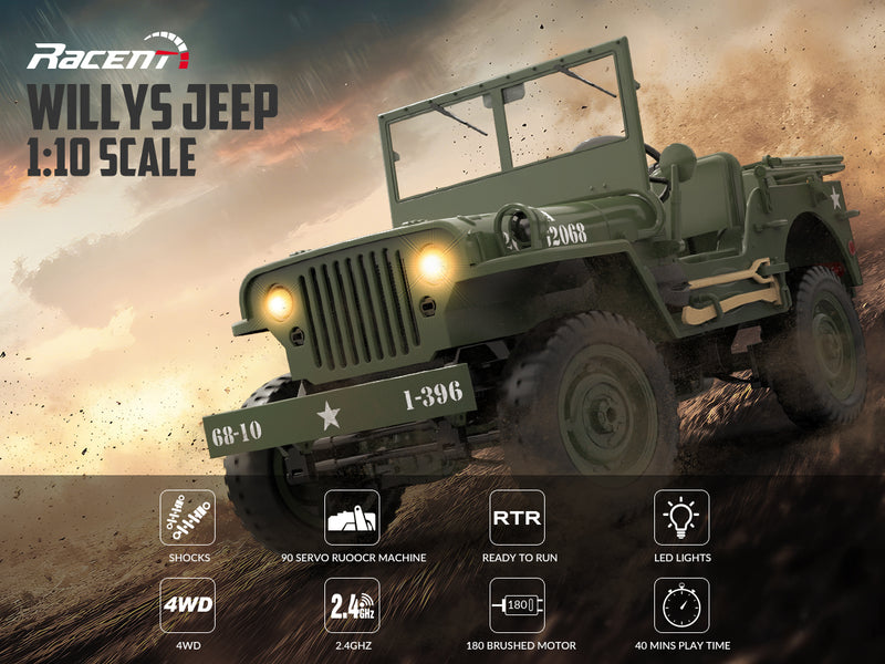 RACENT RC Crawler Simulation à l'échelle 1:10 d'une voiture tout-terrain polyvalente 2.4G 1941 Mb Scaler Willys Jeep