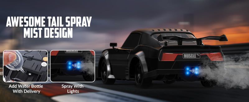 Auto da drift RC RACENT in scala 1:16, auto telecomandata 2.4Ghz 4WD 18KM/H con nebbia spray, 2 batterie