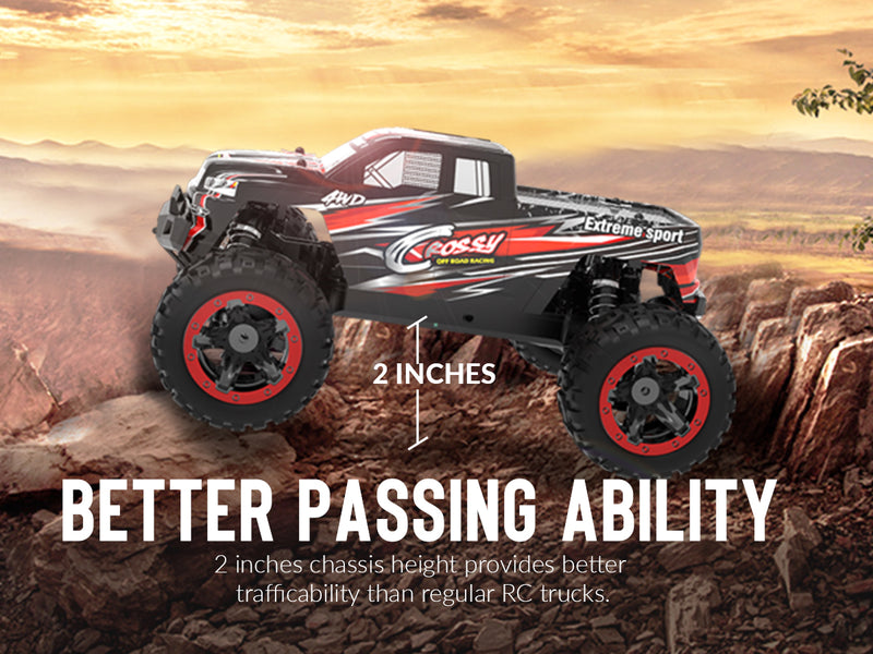 Racent 1:16 30 mph 4wd off-road monster caminhão vermelho (com casca de carro verde)
