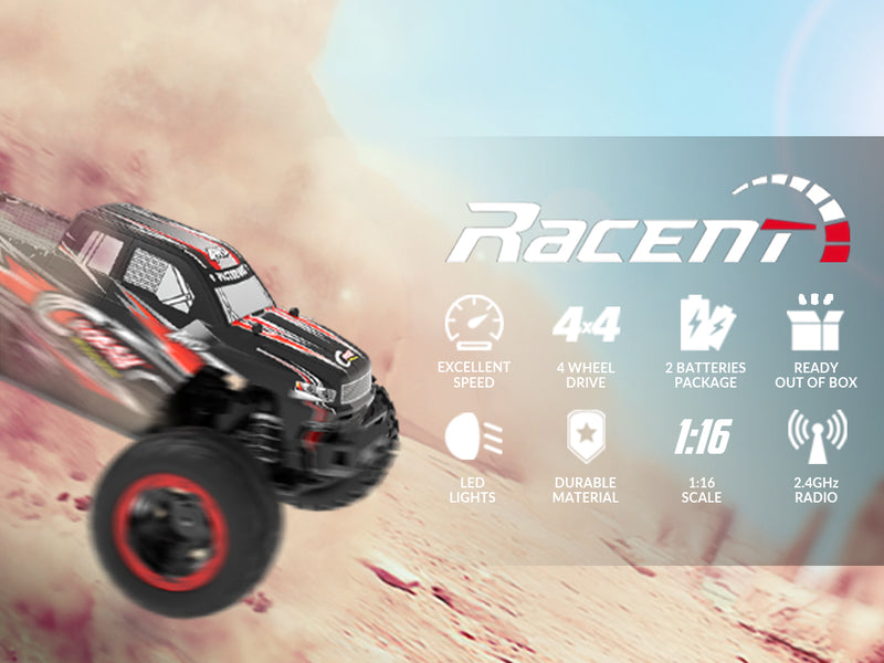 Racent 1:16 30 mph 4wd off-road monster caminhão vermelho (com casca de carro verde)
