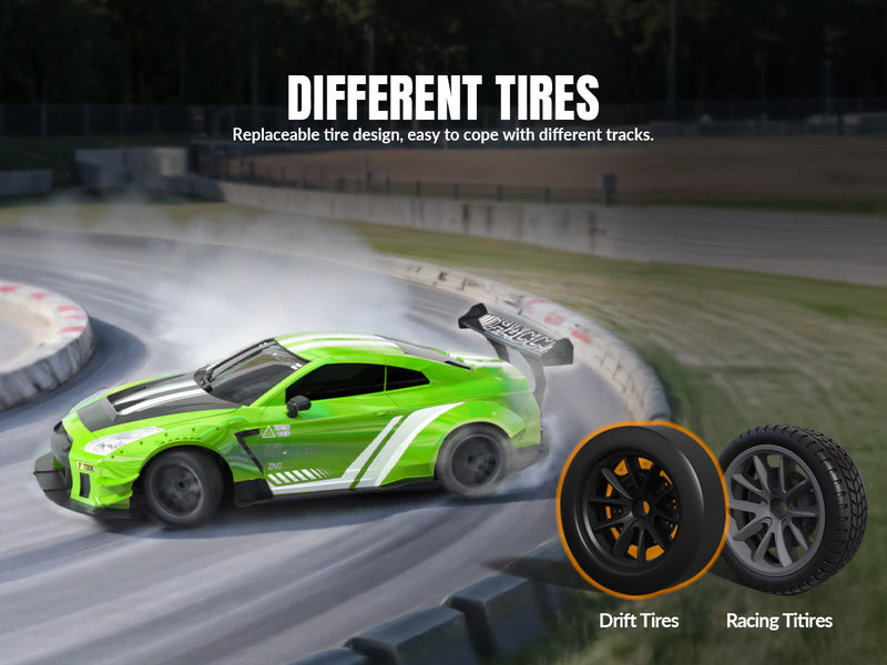 Racent 1:20 RC Drift Car 4WD, LED Light, 2 baterías, Dual Motor Green