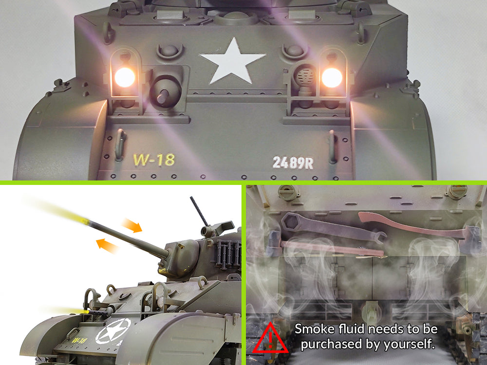 RACENT Carro armato RC US M5A1 Stuart in scala 1:16, con fumogeno, sollevamento della canna, rotazione della torretta di 360 gradi, senza tiro