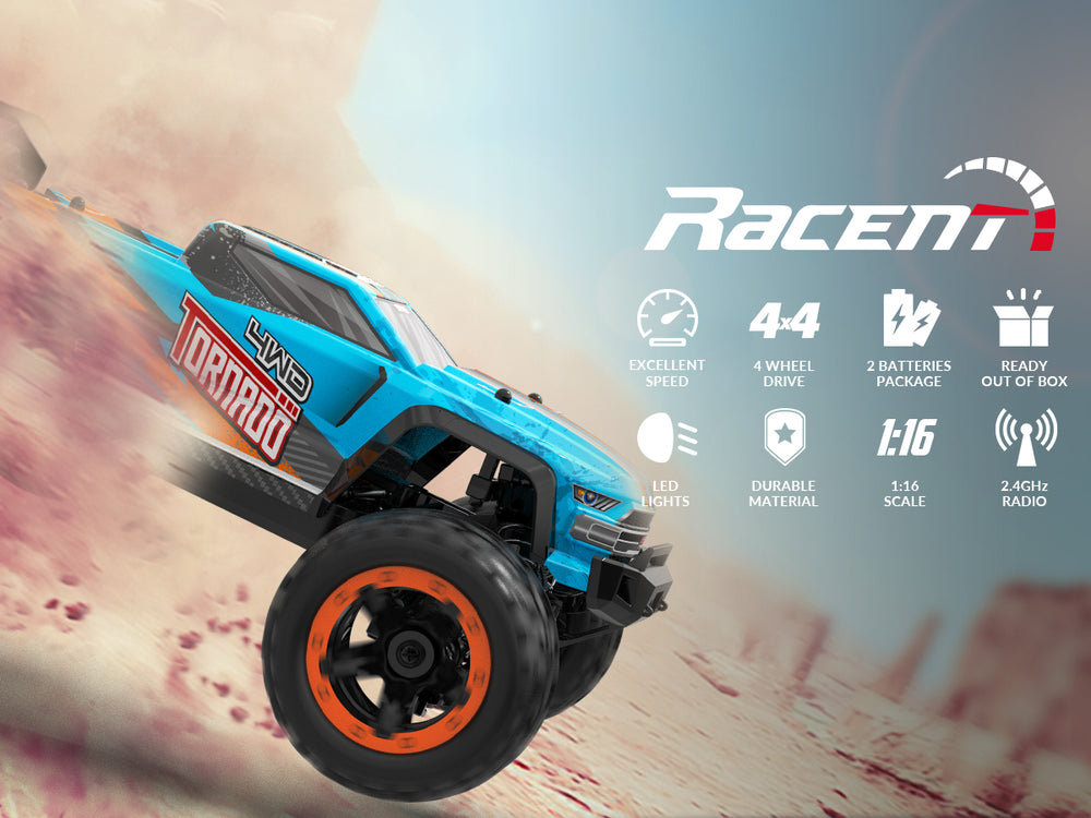RACENT Tornado azul 1/16 4WD todoterreno RC coche 30MPH