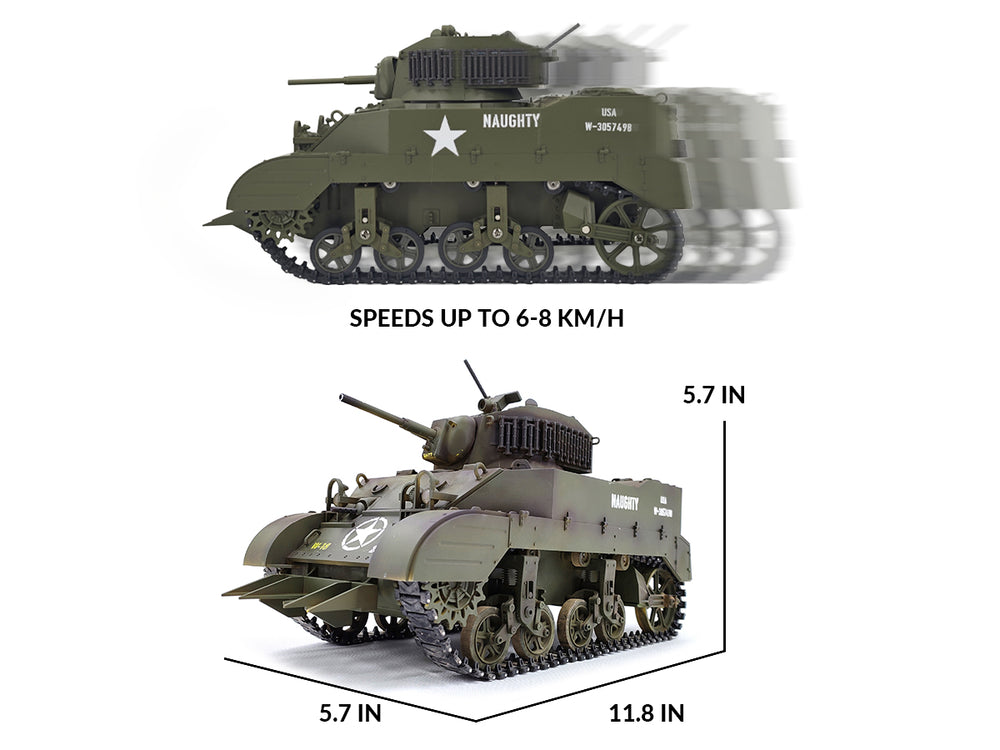 RACENT Carro armato RC US M5A1 Stuart in scala 1:16, con fumogeno, sollevamento della canna, rotazione della torretta di 360 gradi, senza tiro