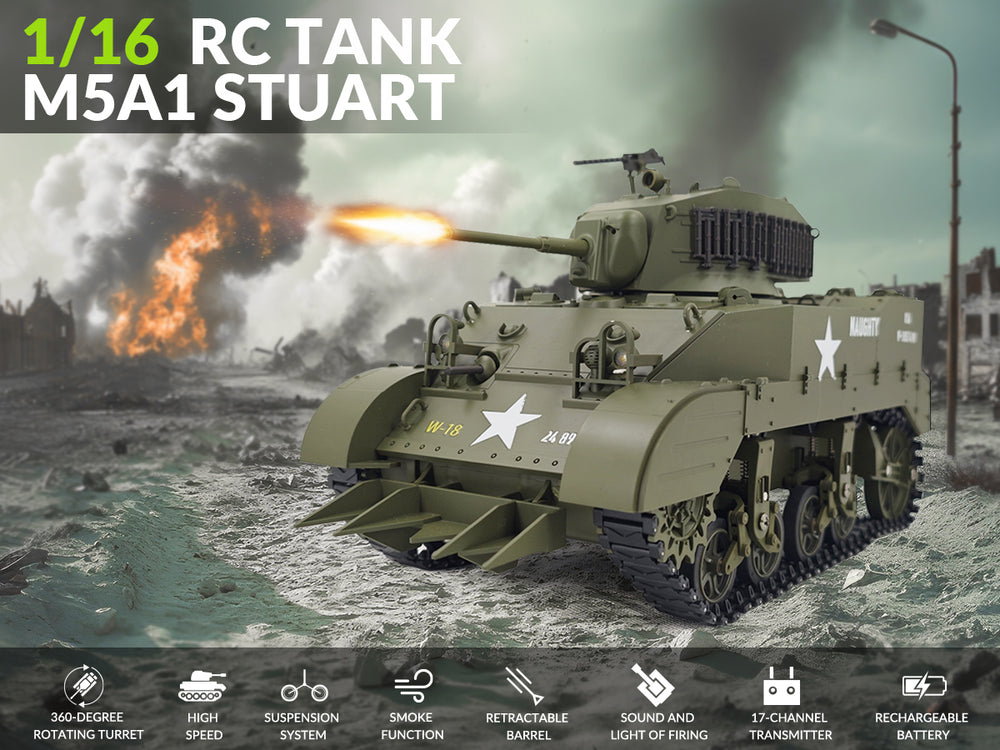 RACENT Carro armato RC US M5A1 Stuart in scala 1:16, con fumogeno, sollevamento della canna, rotazione della torretta di 360 gradi, senza tiro