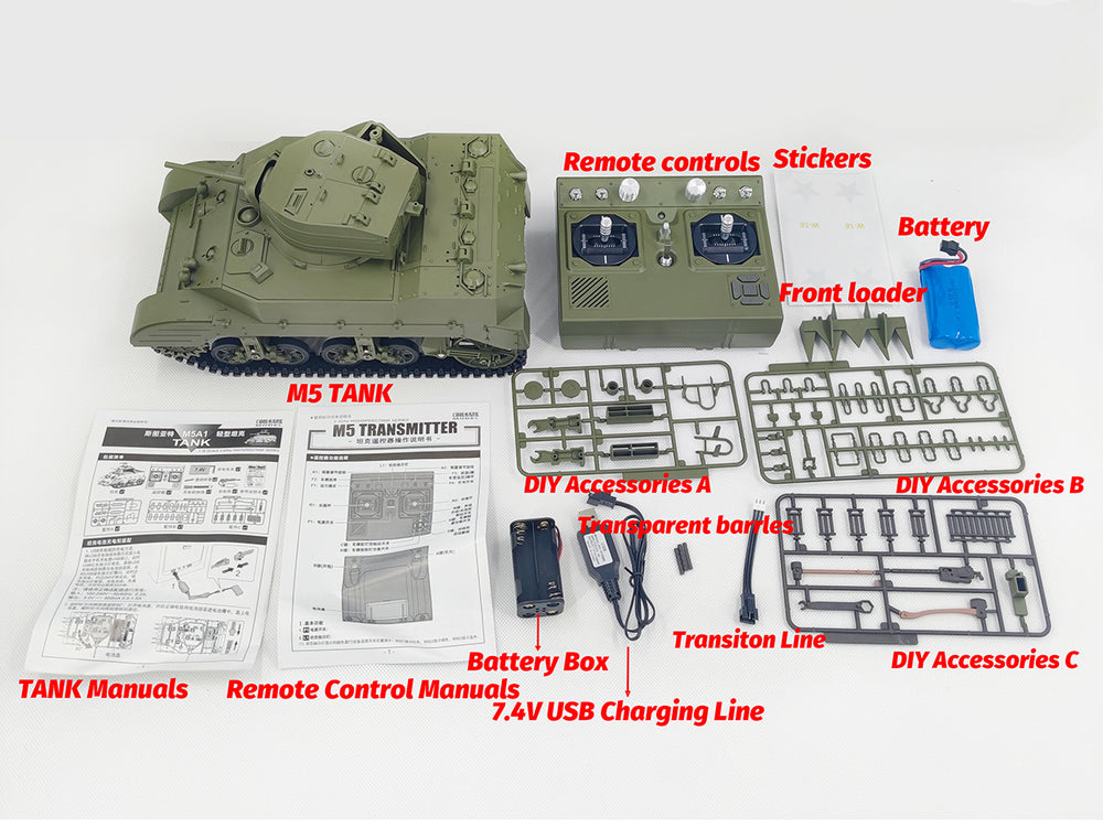 RACENT Carro armato RC US M5A1 Stuart in scala 1:16, con fumogeno, sollevamento della canna, rotazione della torretta di 360 gradi, senza tiro
