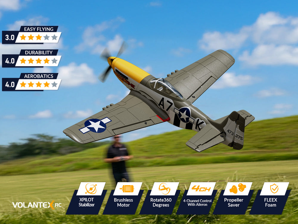 VOLANTEXRC P-51 Mustang Avion RC sans balais 500 mm RTF avec gyroscope