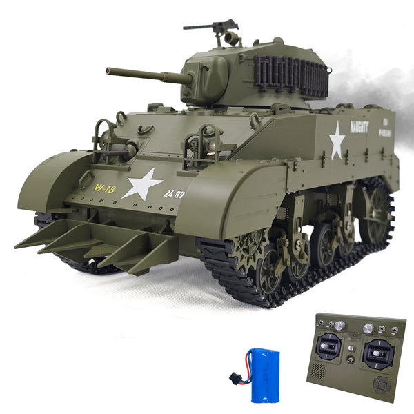 RACENT Carro armato RC US M5A1 Stuart in scala 1:16, con fumogeno, sollevamento della canna, rotazione della torretta di 360 gradi, senza tiro