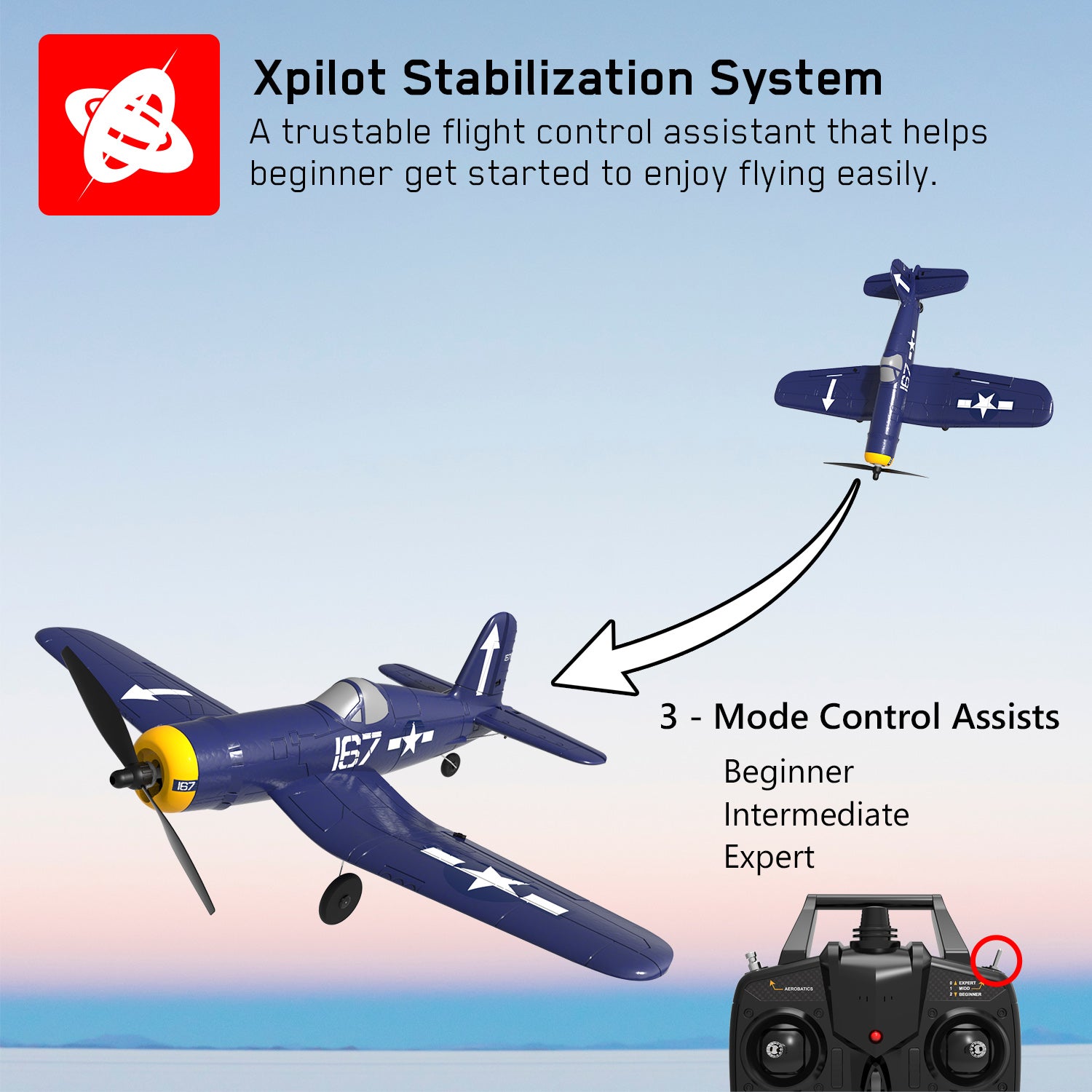 VOLANTEXRC P51D Mustang 4Ch Avions RC débutants avec stabilisateur Xpilot One-key Aerobatic (761-5) RTF