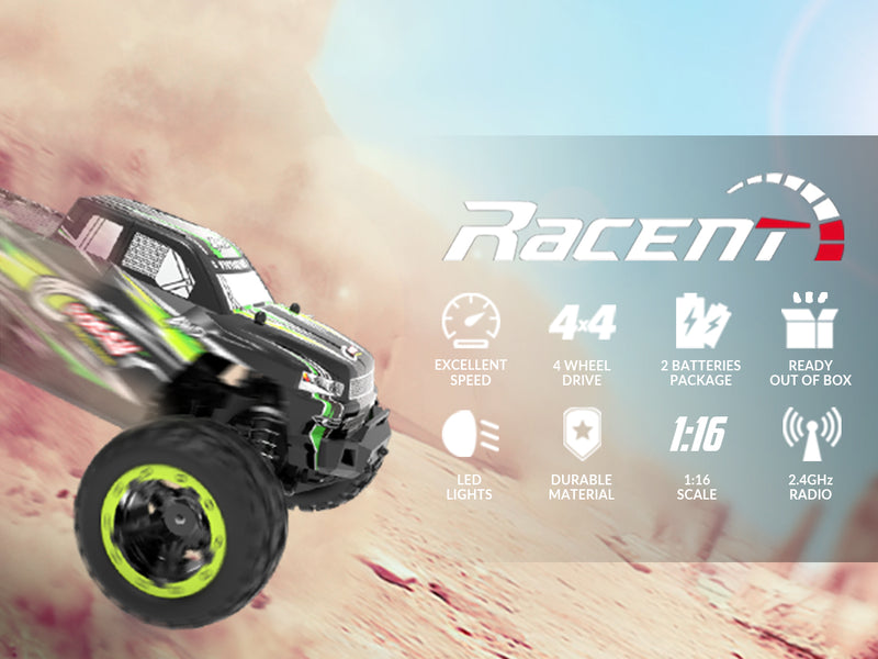 Racent - Coche de control remoto 4WD todoterreno RC Monster Truck escala 1:16 30 MPH de alta velocidad todo terreno RC vehículo para niños o adultos (785-5) (verde)