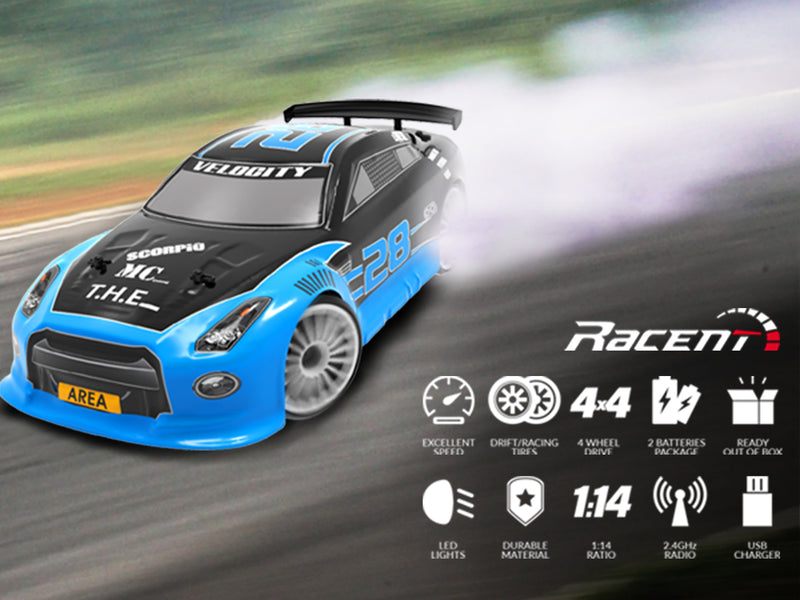 RACENT 1:14 4WD Drift Car High Speed Sport Racing Vehicle with Driftitng & Racing Tires, Led Lights