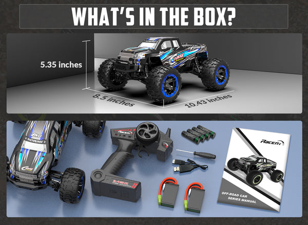 Racent Ferngesteuertes Auto 4WD Offroad RC Monster Truck Maßstab 1:16 30 MPH High Speed ​​All Terrain RC Fahrzeug für Kinder oder Erwachsene (785-5) (Blau)