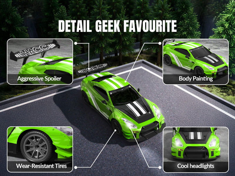 Racent 1:20 RC Drift Car 4WD, LED Light, 2 baterías, Dual Motor Green