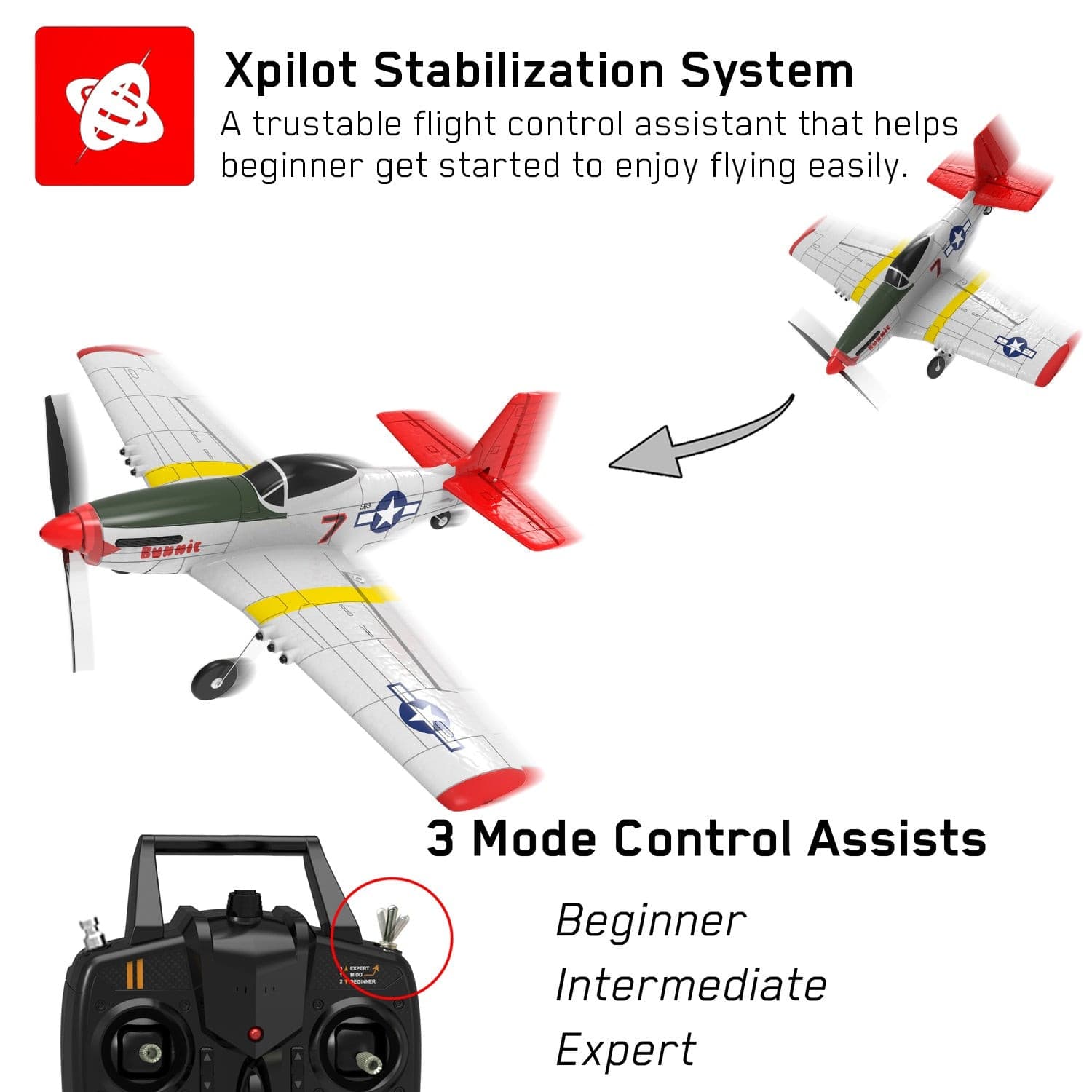 VOLANTEXRC P-51D Mustang 4-Ch Beginner Airplane with Xpilot Stabilizer - One-key Aerobatic (761-5)PNP.