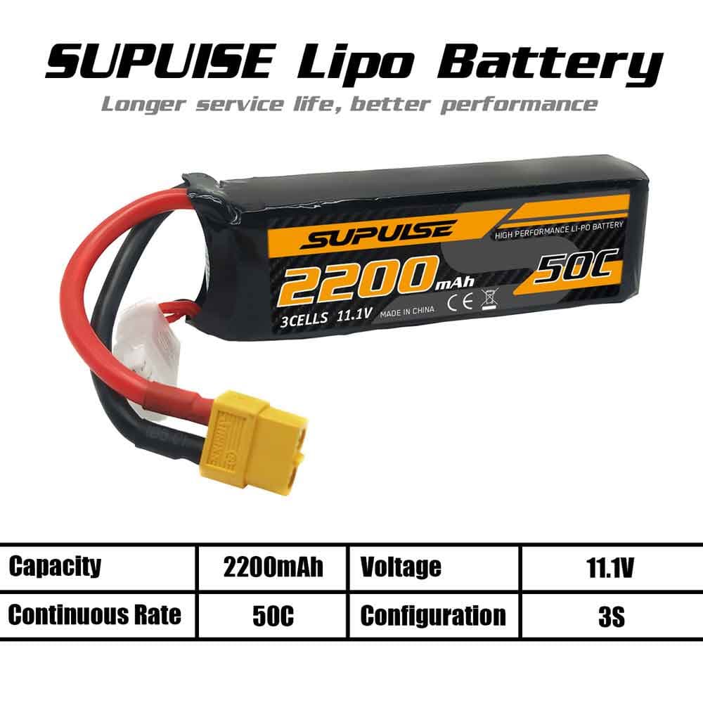 SUPULSE 2pcs 11.1V 3S 2200mAh 50C Lipo Battery with XT60 Plug - EXHOBBY